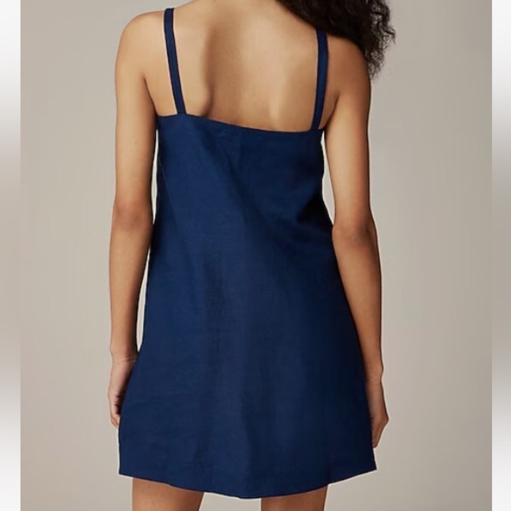 J.Crew Claudia Linen Navy Dress Buttons Front Straps Tennis Prep Large Tall - Picture 2 of 11